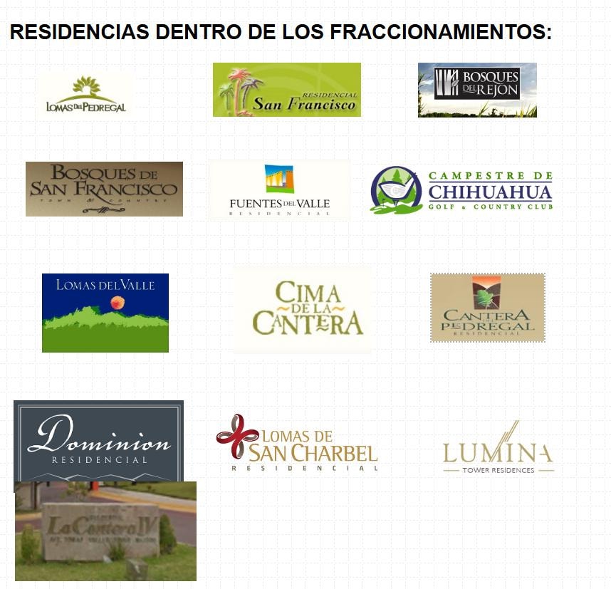 Residencias dentro de los fraccionamientos: Lomas del Pedregal, Residencial San Francisco, Bosques del Rejón, Campestre de Chihuahua, Dominion Residencial, Lumina Tower Residences y más
